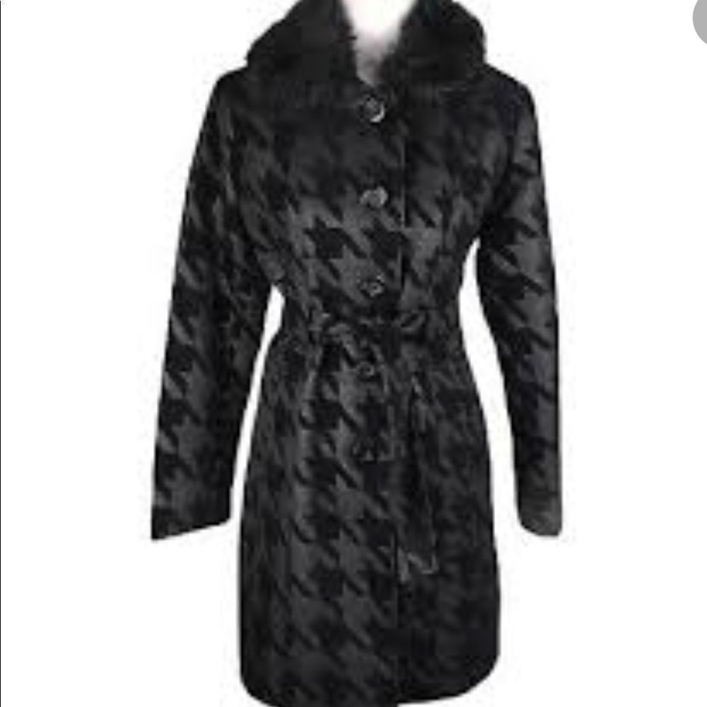 Black and metallic hounds tooth trench coat